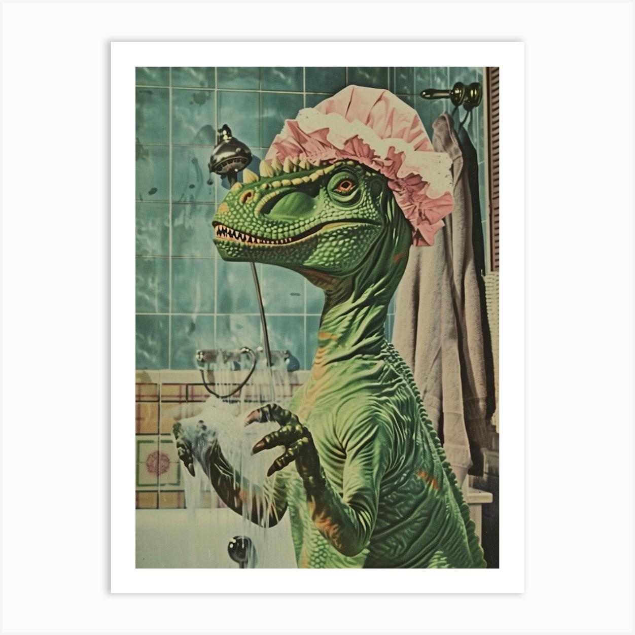 Dinosaur In The Shower With A Shower Cap Retro Collage 1 Art Print by Dino Delights