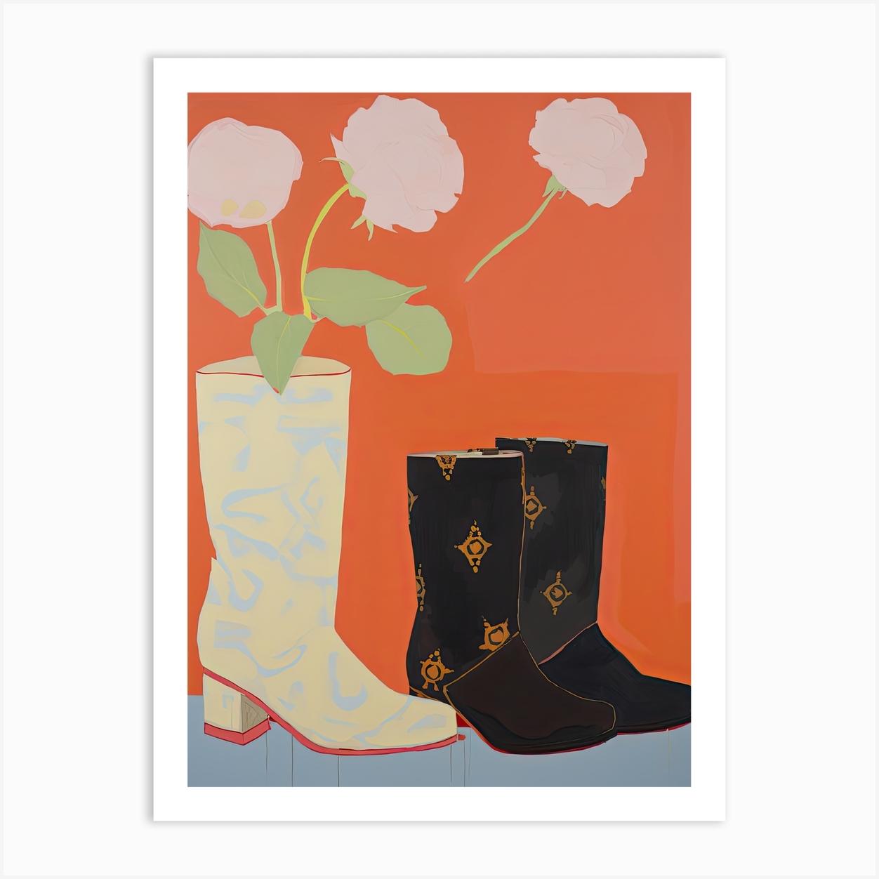 Painting Of Cowboy Boots With Flowers, Pop Art Style 4 Art Print by Blossom Boots