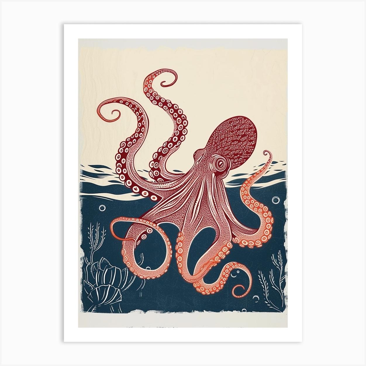 Red Octopus Linocut With The Seaweed Art Print by Energy of the Sea
