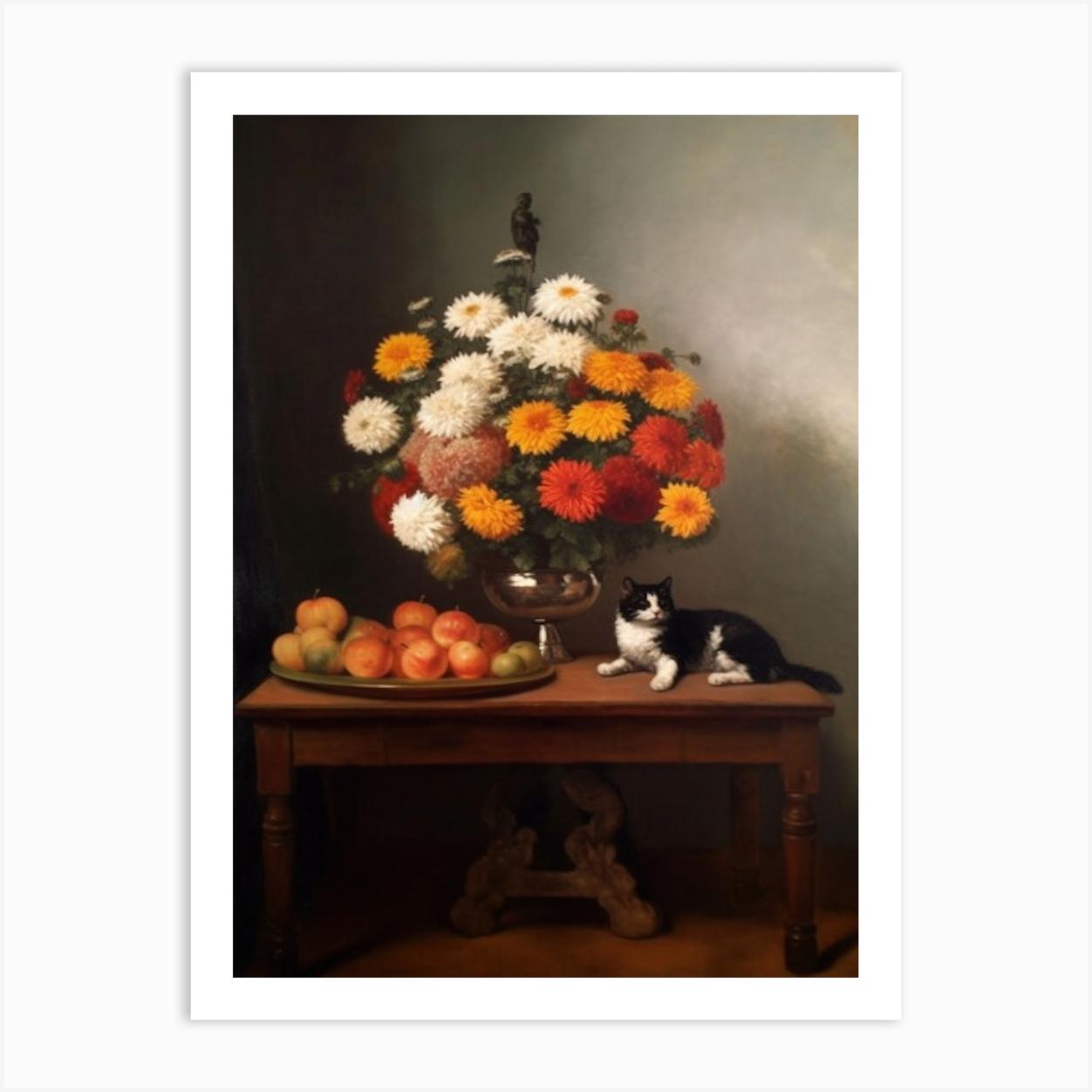 Painting Of A Still Life Of A Chrysanthemums With A Cat, Realism 3 Art Print by Flora Expressions