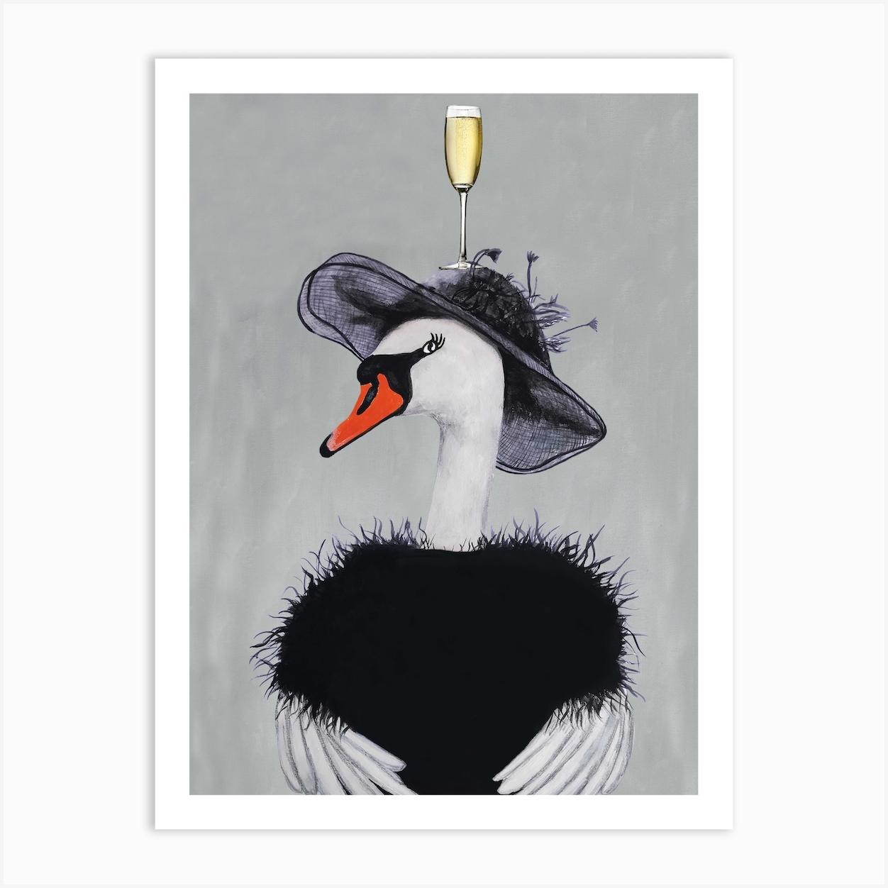Swan With Champagne Glass Grey & Black Art Print by Coco Deparis