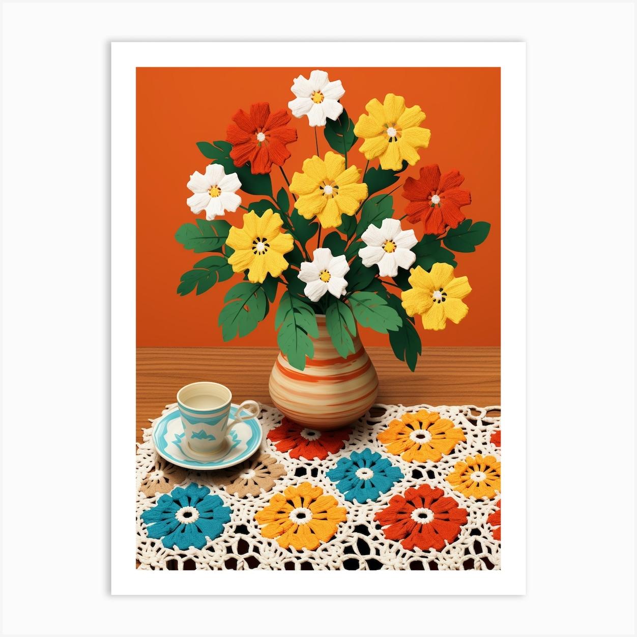 Crochet Dining Room Table With Flowers 3 Art Print by Crafty Crochet Studio