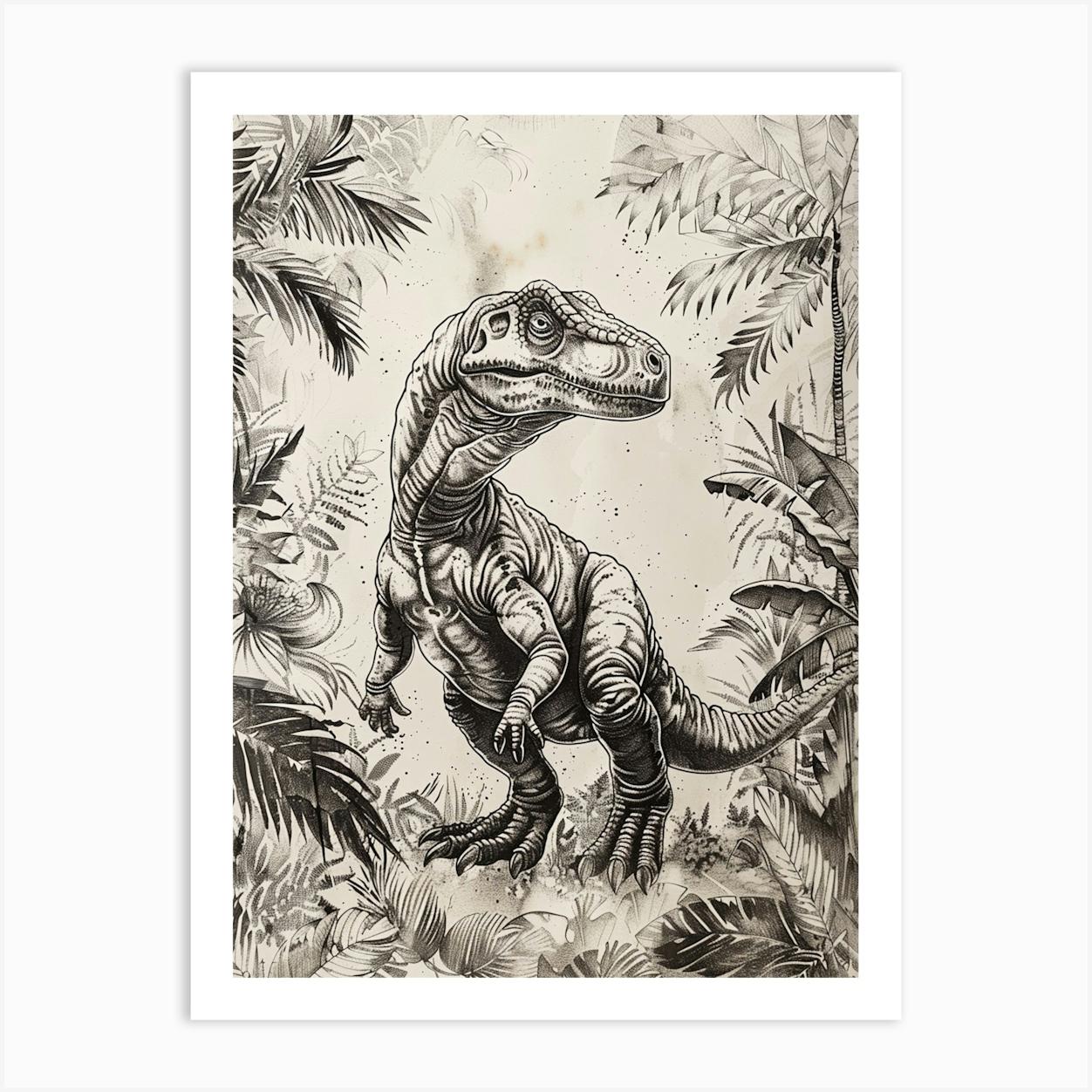 Nodosaurus Dinosaur In The Leaves Black Ink Illustration Art Print by Dino Delights