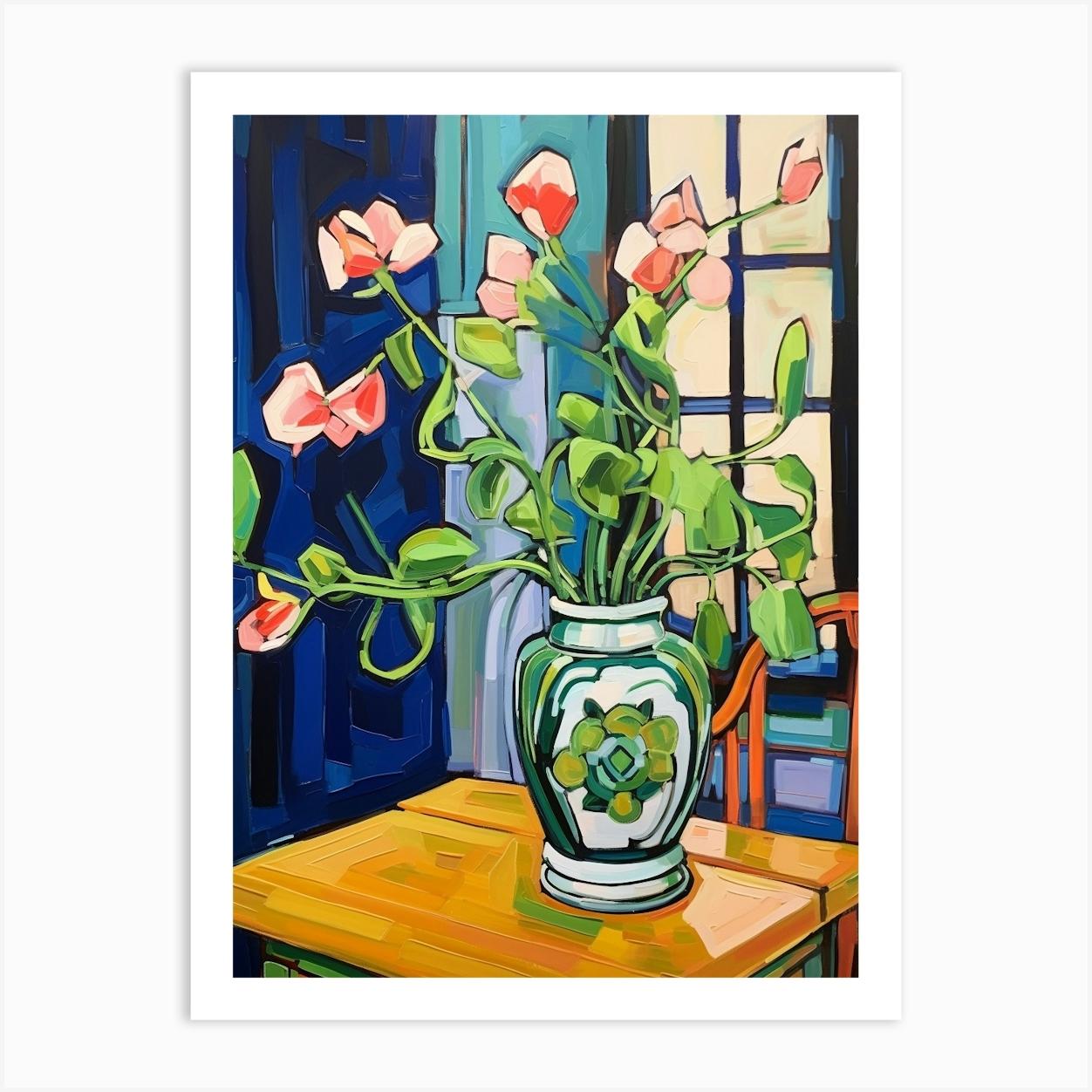 Flowers In A Vase Still Life Painting Sweet Pea 4 Art Print by Botanic Studio