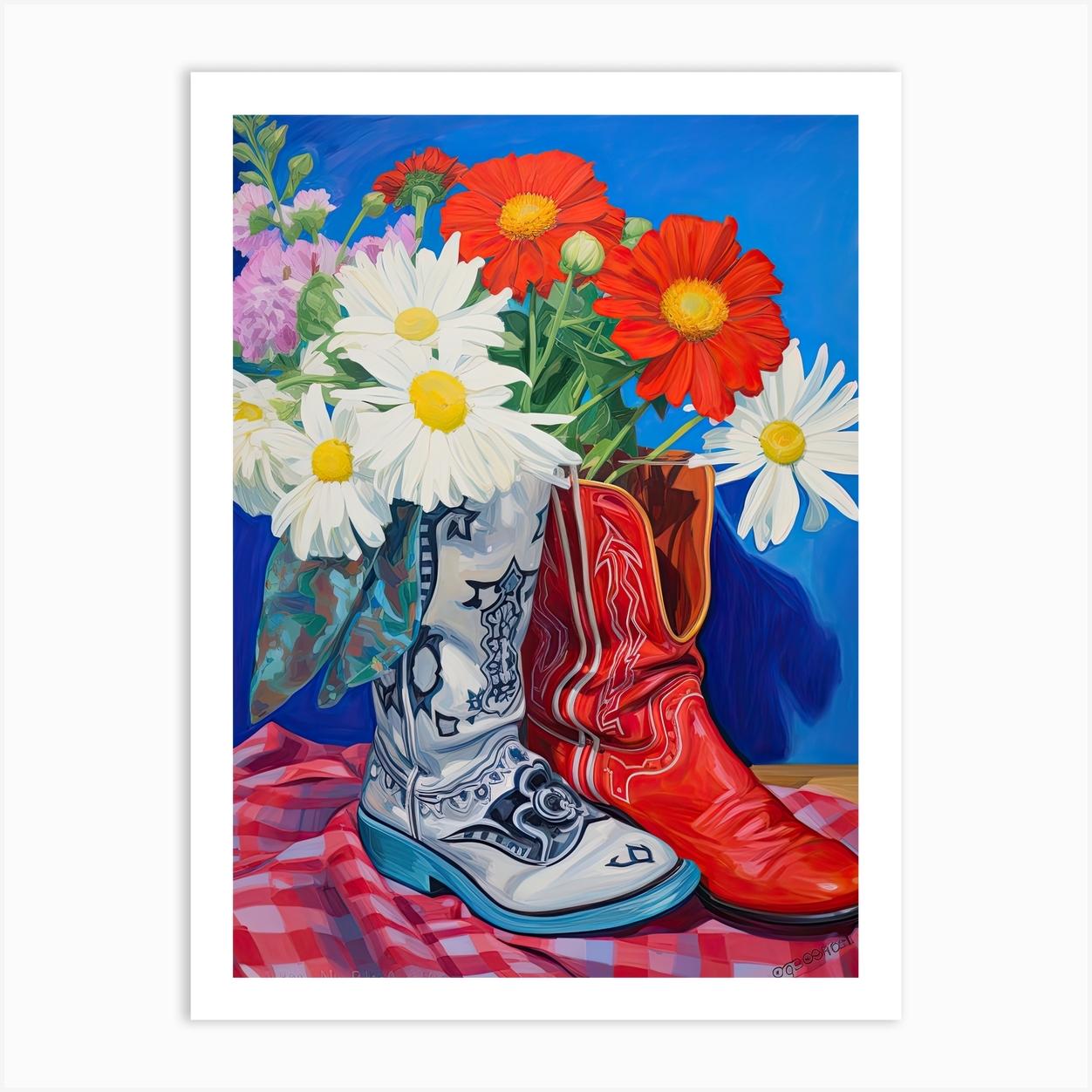 Oil Painting Of Wild Flowers And Cowboy Boots, Oil Style 2 Art Print by Blossom Boots