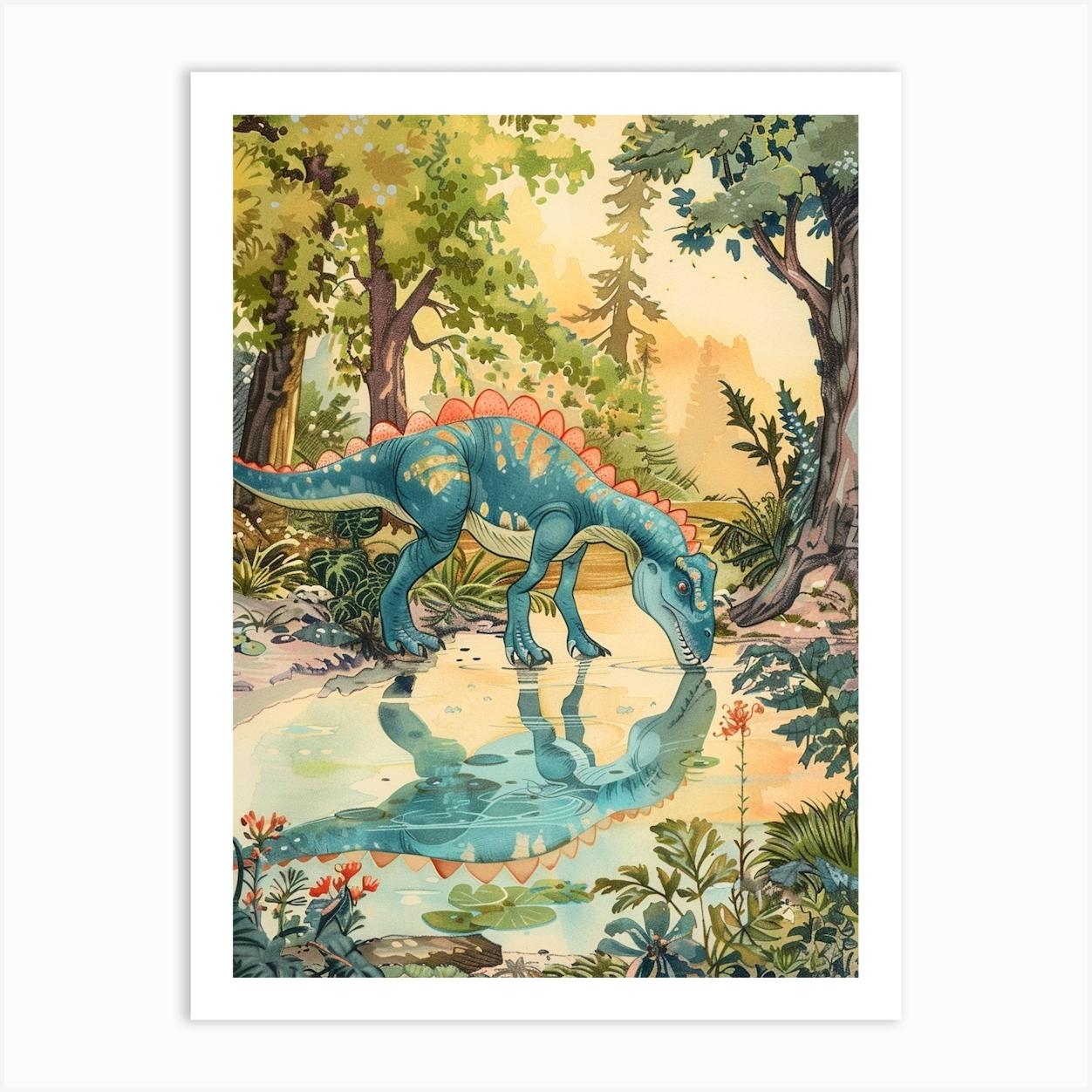 Dinosaur Drinking From A Watering Hole Watercolour Illustration 1 Art Print by Dino Delights