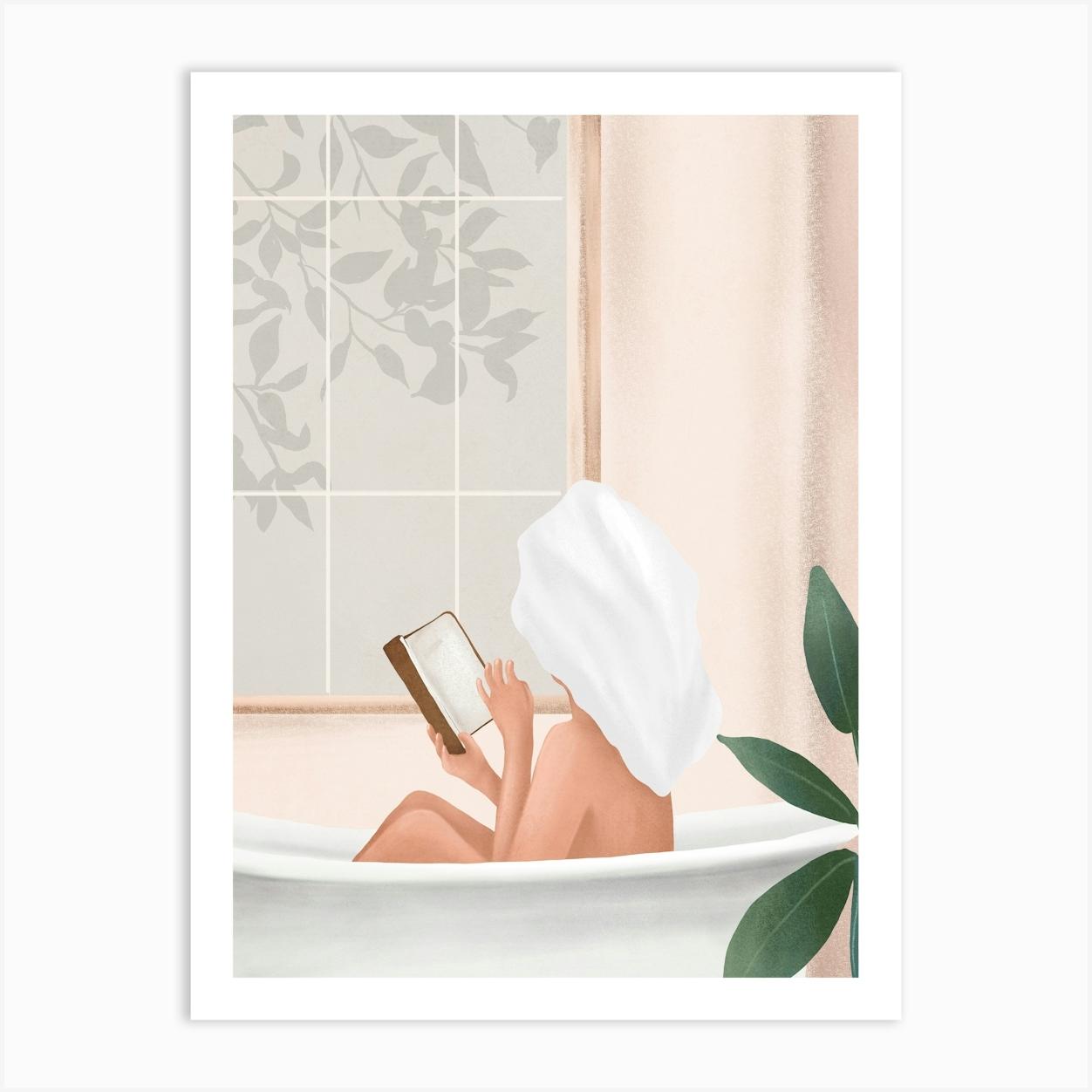 Reading Girl in Bathtub Art Print by Flow Line