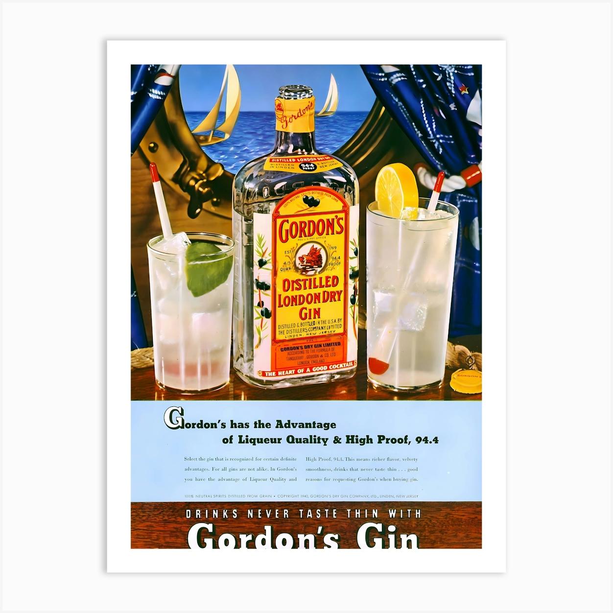 Gordon's Gin, Bottle and Glasses, Alcohol Vintage Advertising Poster Art Print by Vintage Spirit