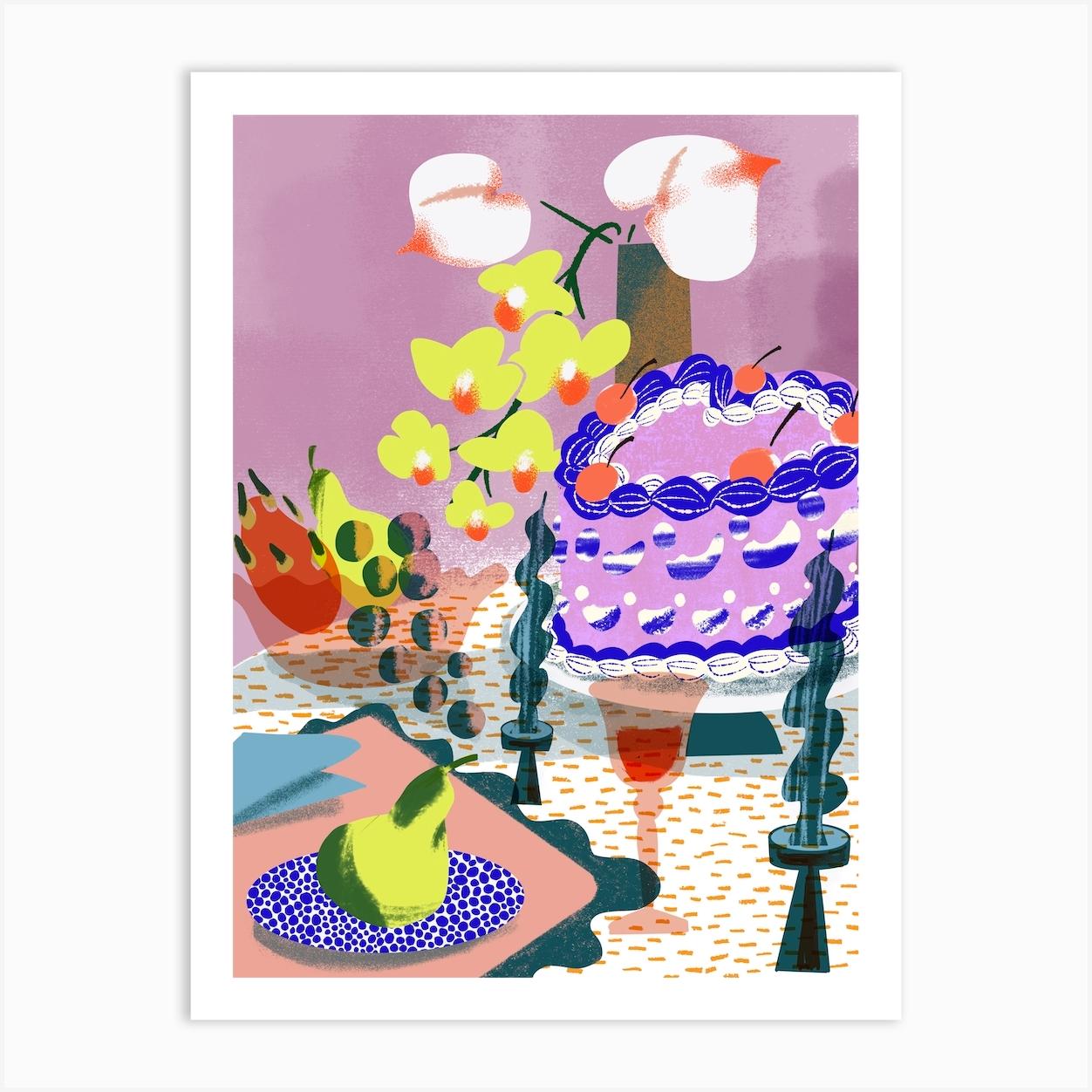 Heart Cake And Orchid Flowers Dining Table Food Still Life Art Print by Yoko Baumberger