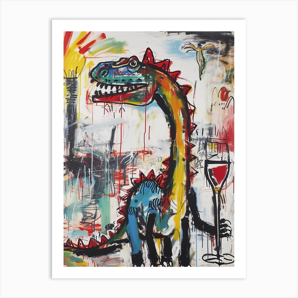 Graffiti Style Dinosaur Drinking Wine 1 Art Print by Dino Delights