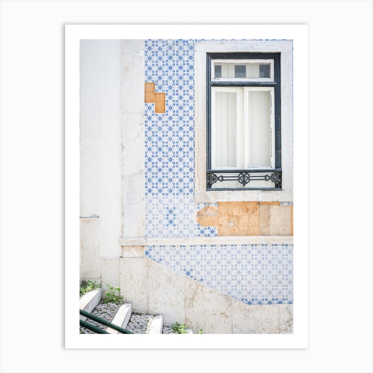Light Blue Ceramic Tiles Stairs And Wall Alfama Lisbon Art Print by Photos By Ville