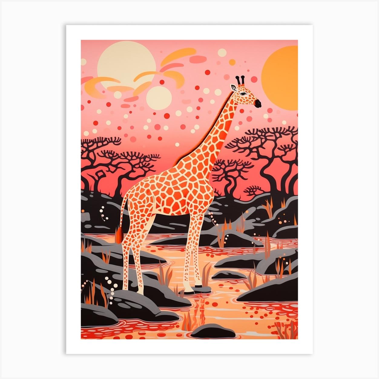 Giraffe In The River At Sunrise 1 Art Print by AfricanWild Strokes