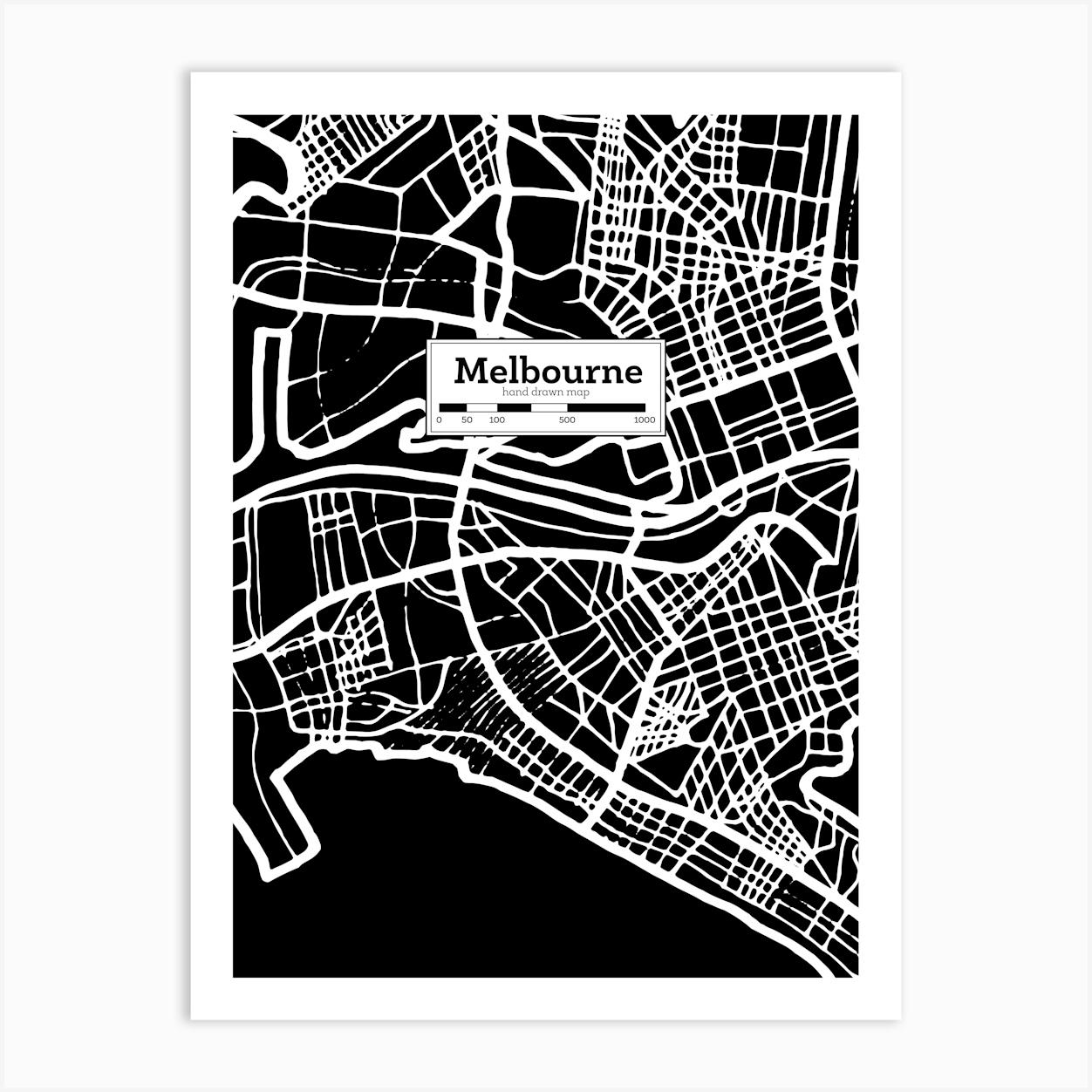 Melbourne City Map, Australia — Hand-drawn map, vector black map Art Print by Synthwave1950