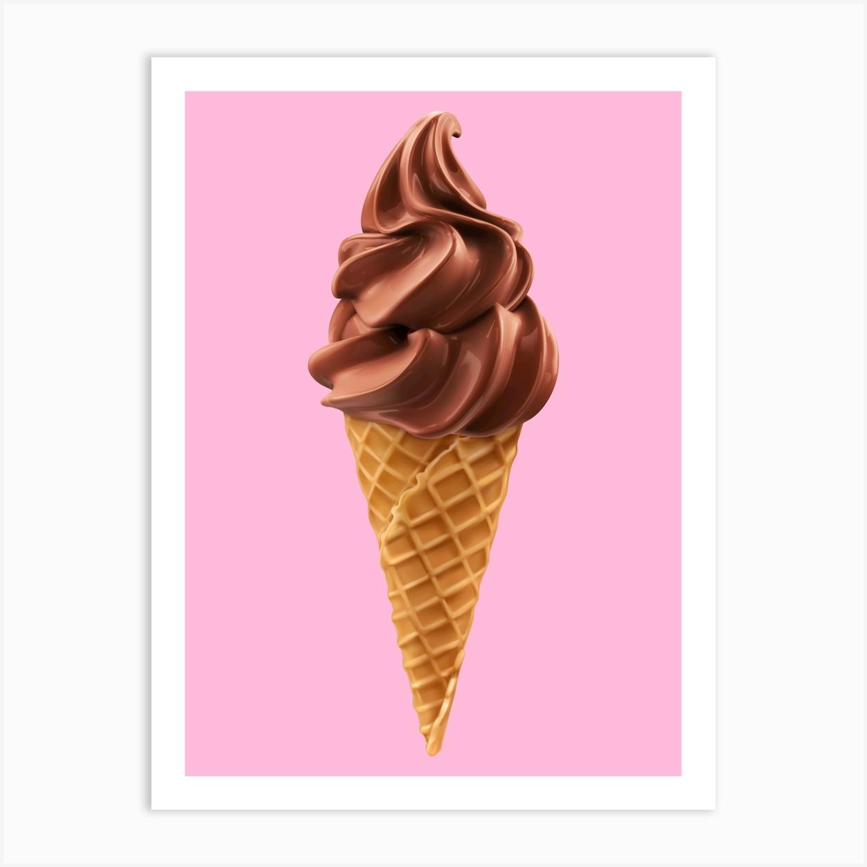 Chocolate Ice Cream Cone On A Pink Background Print Art Print by Cherry Bomb Art Prints