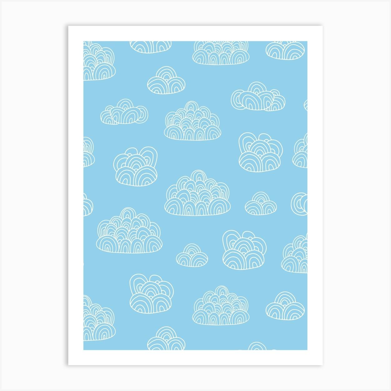 Fluffy Abstract Doodle Line Art Clouds White on Blue Art Print by Sandra Hutter Designs