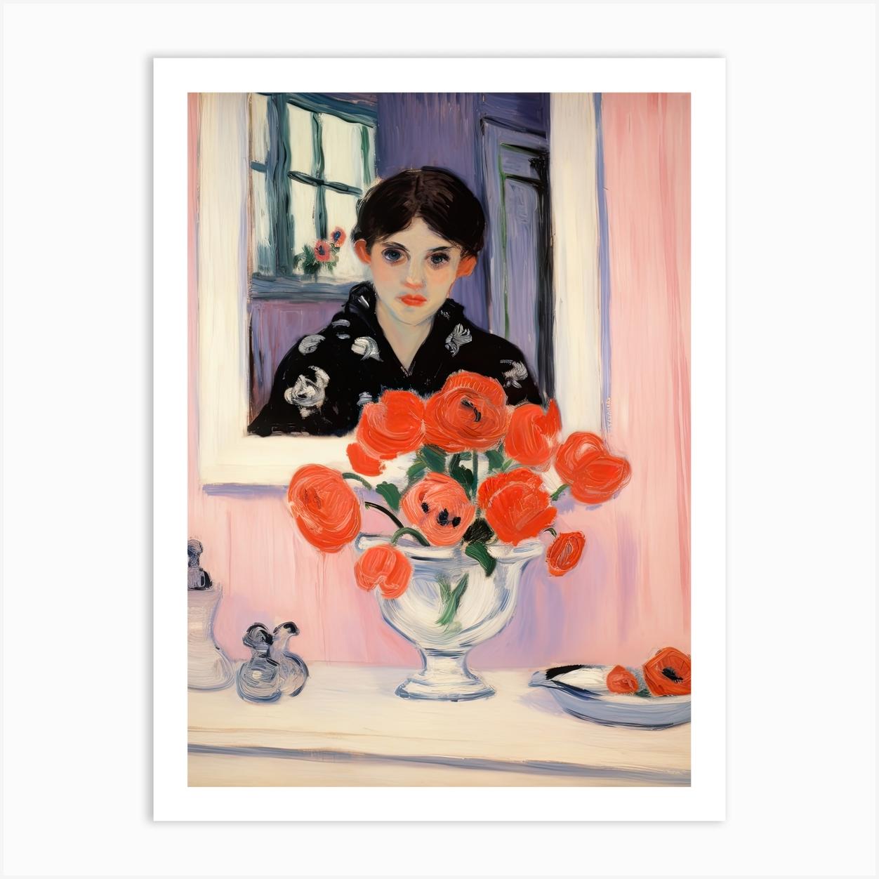 Woman In The Mirror Bathroom Vanity Painting With A Anemone Bouquet 2 Art Print by Flora Expressions