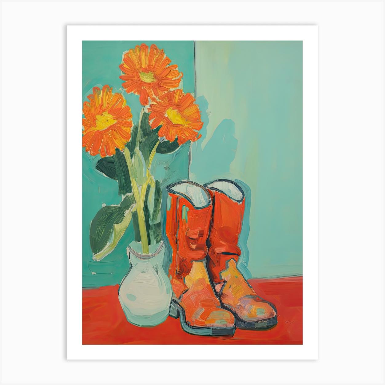 Painting Of Flowers And Cowboy Boots, Oil Style 1 Art Print by Blossom Boots