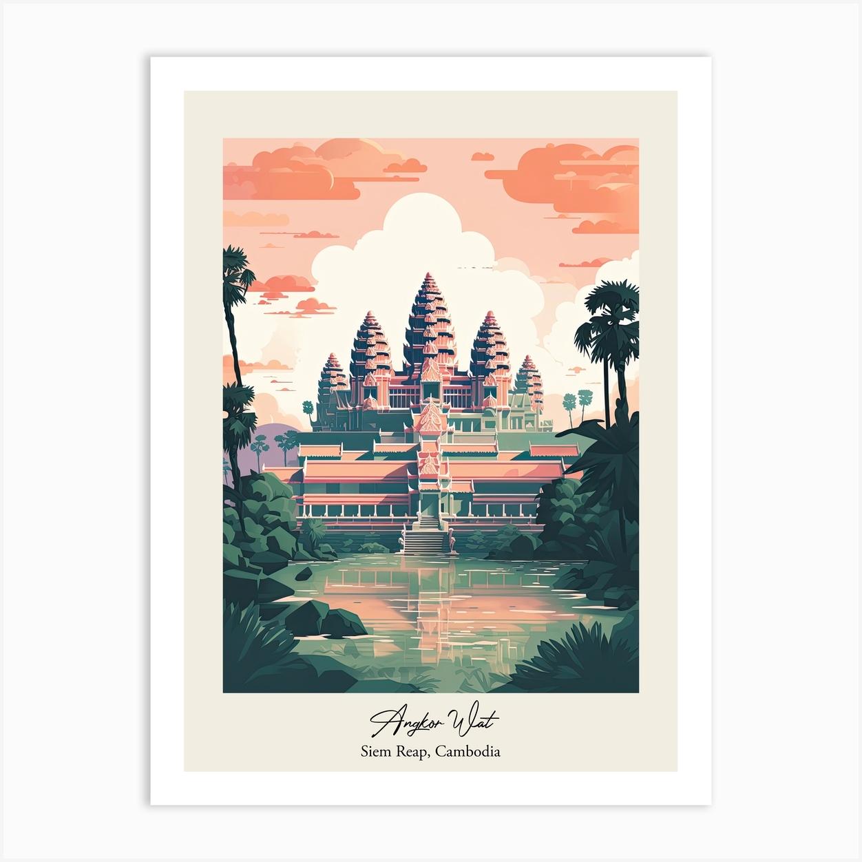 Angkor Wat Siem Reap, Cambodia Cute Botanical Illustration Travel 0 Poster Art Print by Travel Poster Collection