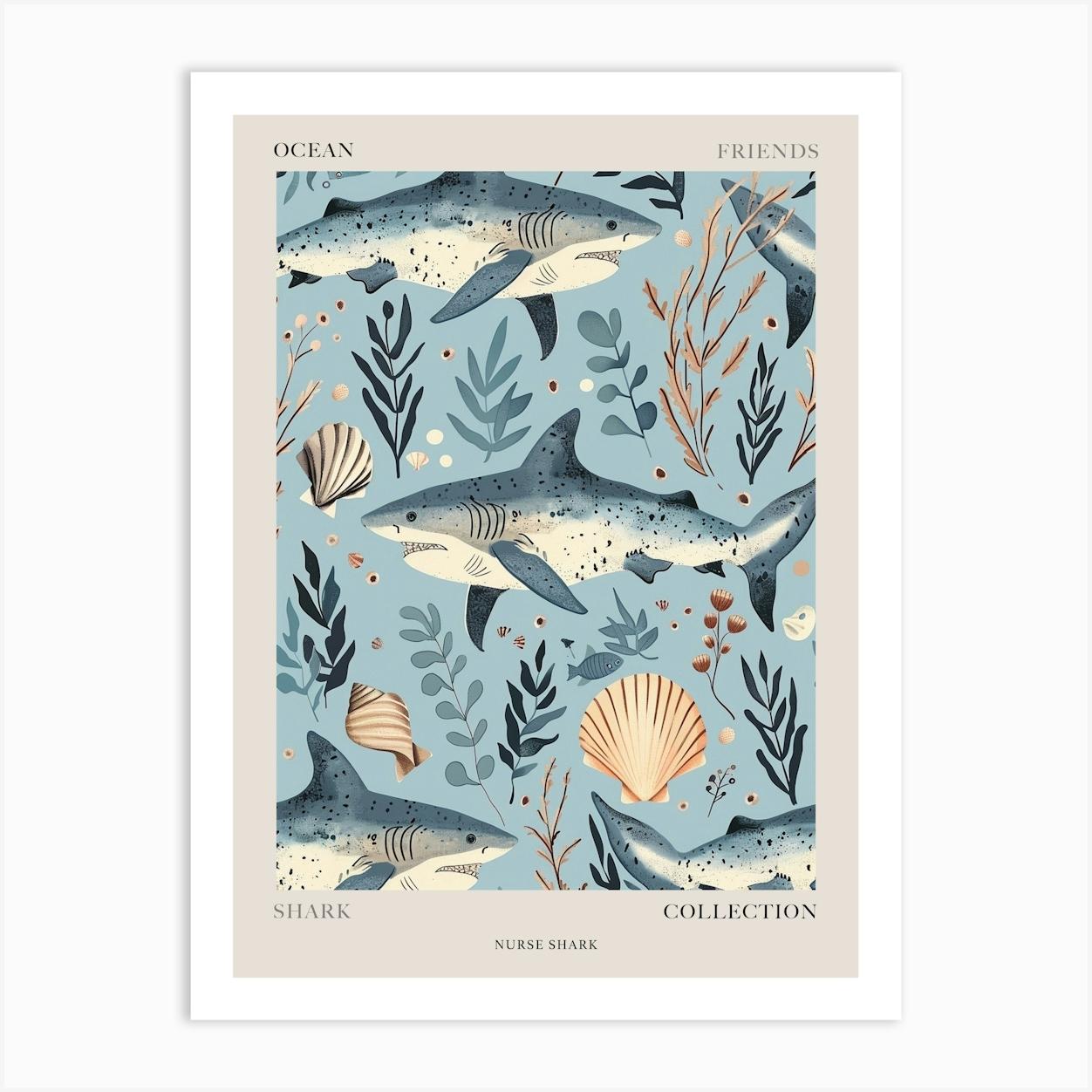 Pastel Blue Nurse Shark Watercolour Seascape Pattern 1 Poster Art Print by Energy of the Sea