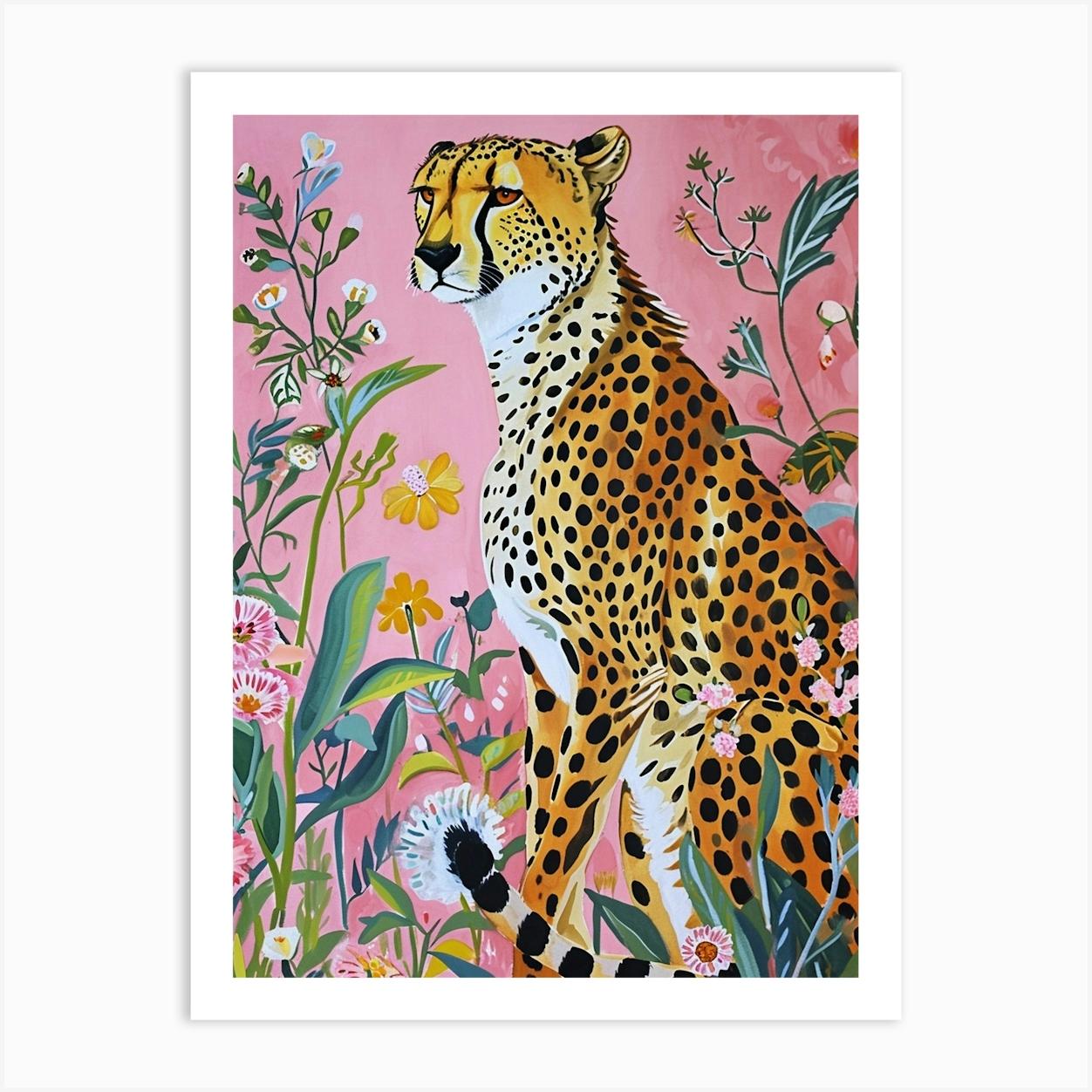Floral Animal Painting Cheetah 2 Art Print by Ritual Art Prints