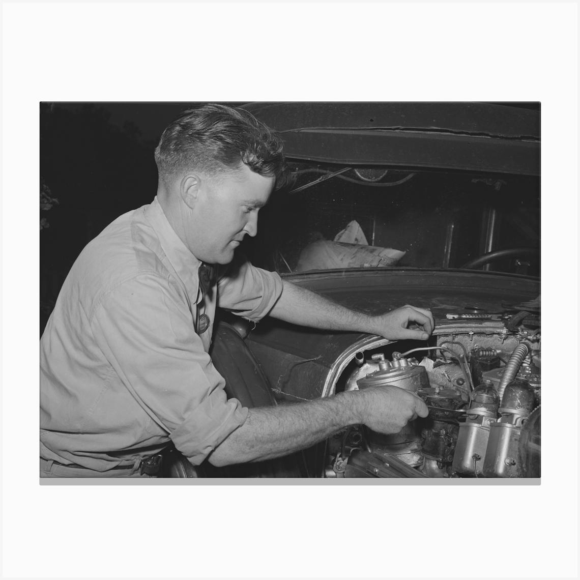 Consolidated Aircrafts Workman Working On His Self Assembled Automobile, This Is A Diesel Motor In This Car, San Diego Canvas Print by Fy! Classic Art