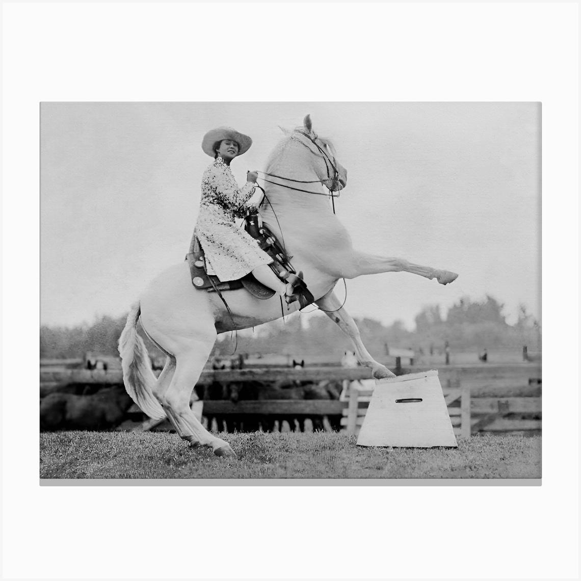Woman Riding A Horse, Western Aesthetic, Vintage Black and White Old Photo Toile