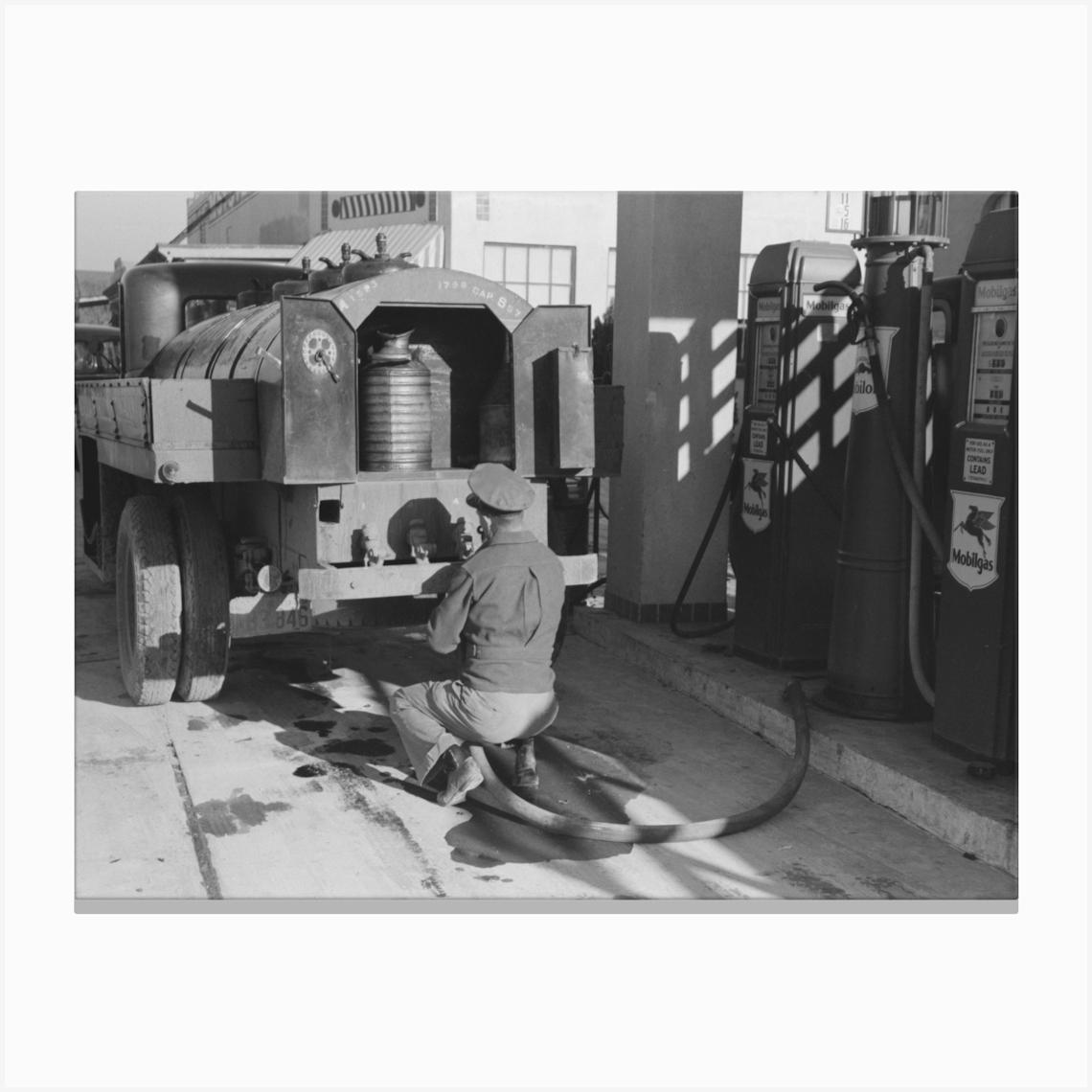 Gasoline Truck Driver Getting Ready To Fill Service Stations Tank With Gasoline, San Angelo, Texas By Russell Lee Canvas Print by Fy! Classic Art