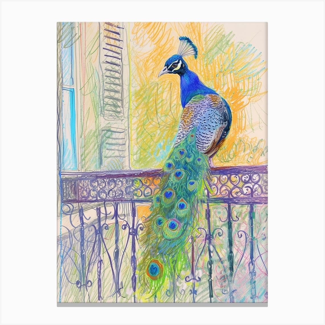 Peacock On French Metal Railing 1 Canvas Print by Featherline