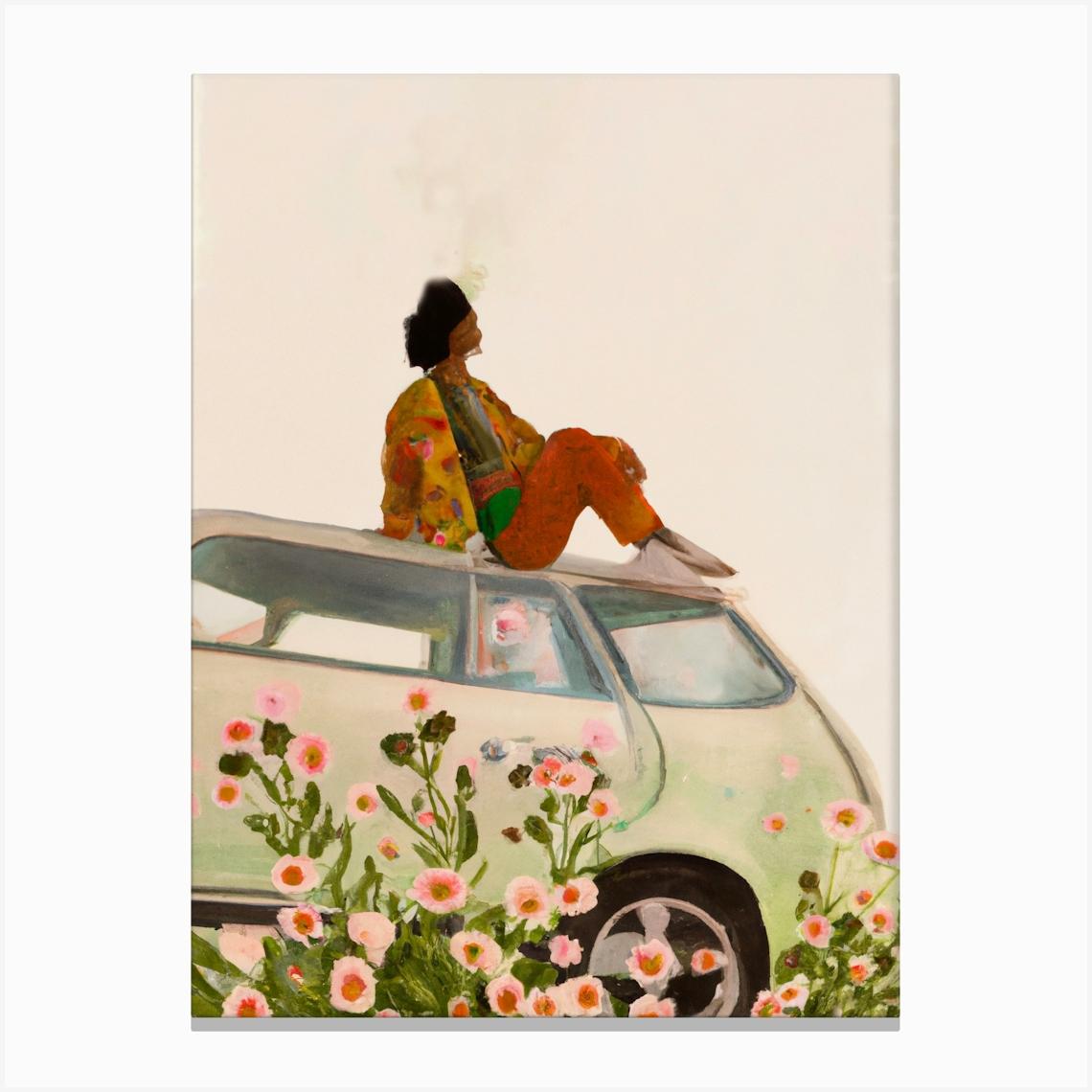 Thoughtful Woman Sitting On Car Roof By Flowers Canvas Print by Mambo