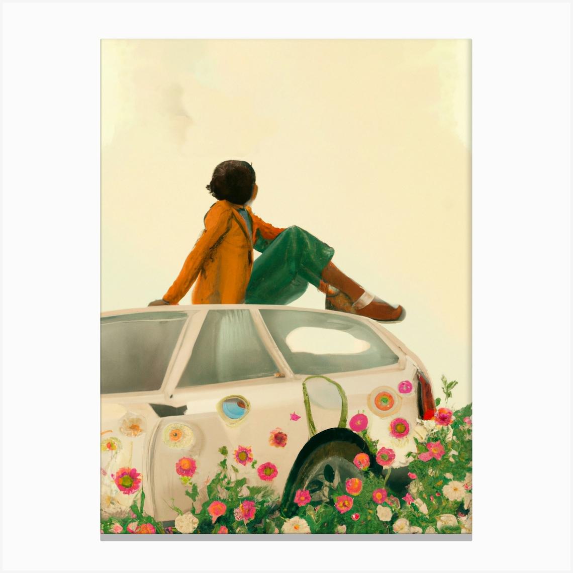 Thoughtful Woman Sitting On Car Roof By Flowers Autumn Colours Canvas Print by Mambo