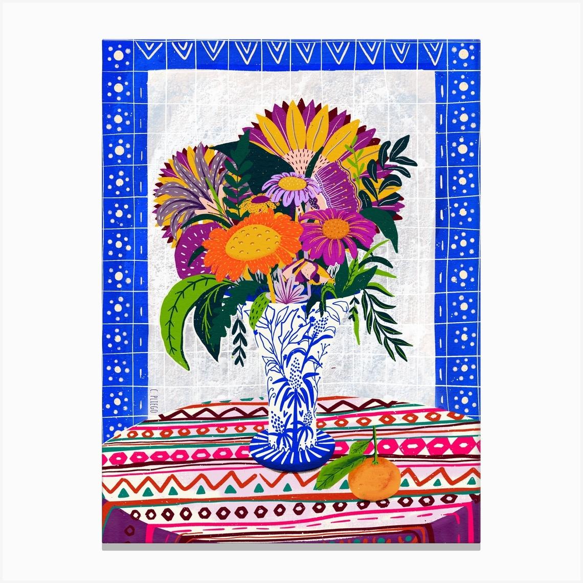 Still Life Mexican Floral Mandarin Purple Poncho Colorful Flowers Canvas Print by Cris Banana Studio