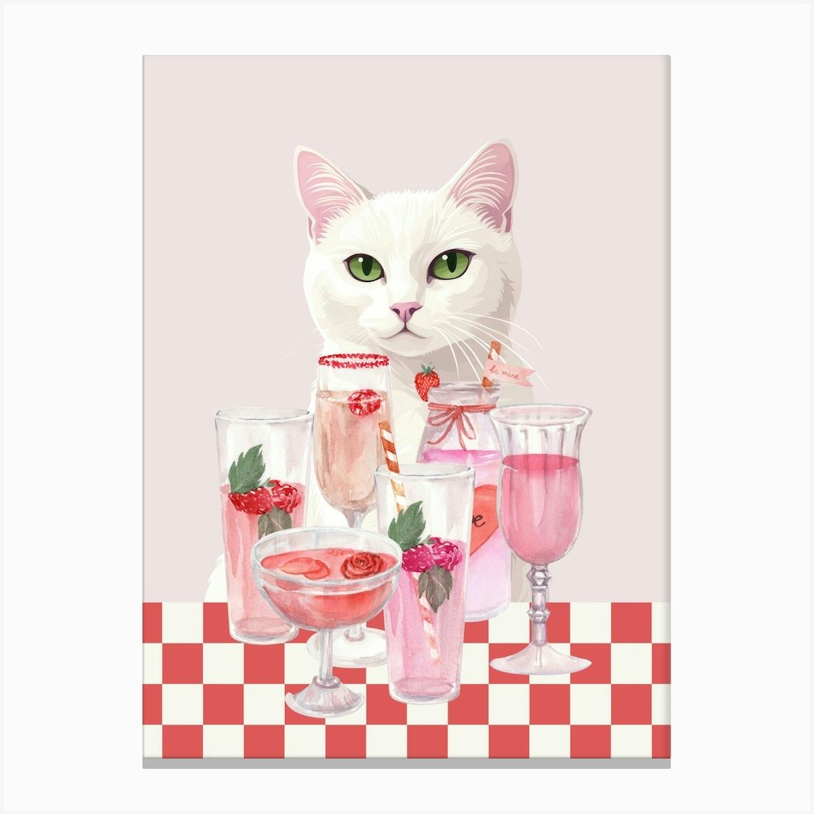 white cat with pink cocktails art in a girly aesthetic, trendy wall art in pink perfect for kitchens, bar carts, coffee bars and living rooms, 50s