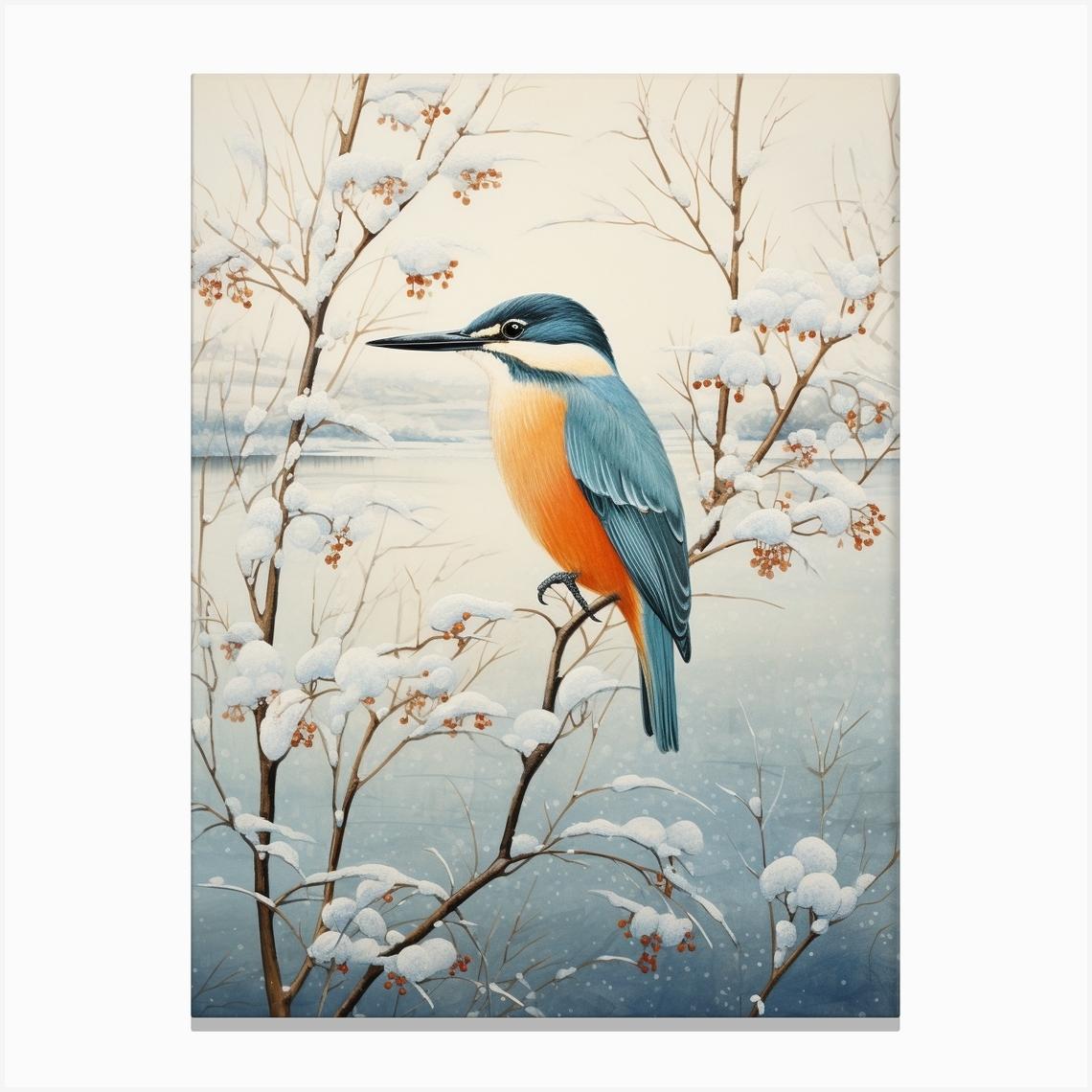 Winter Bird Painting Kingfisher 2 Canvas Print by Feathered Muse