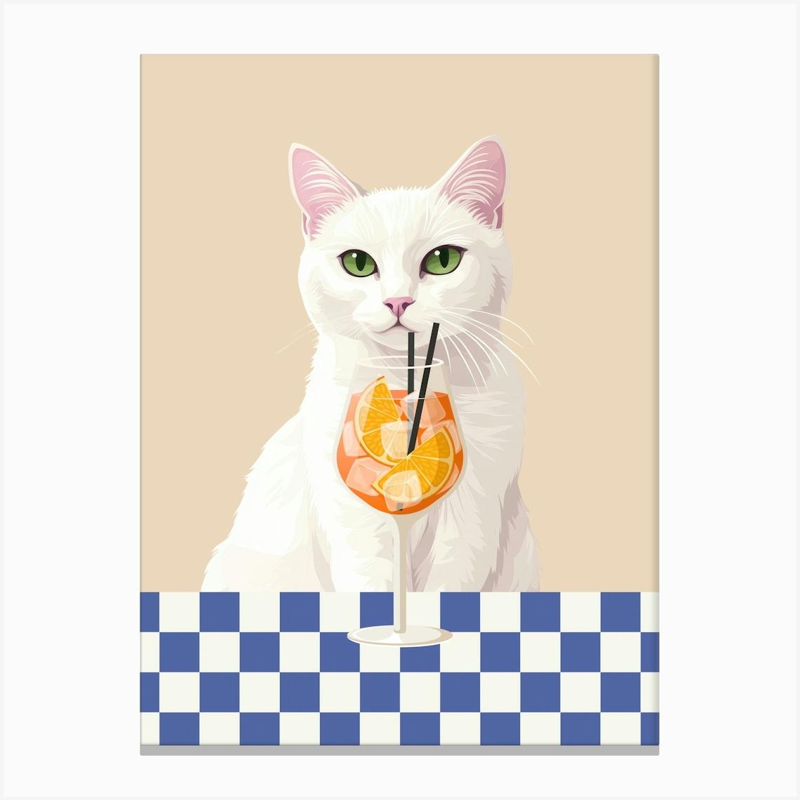 white cat with aperol spritz cocktail art in a girly aesthetic, trendy wall art perfect for kitchens, bar carts, coffee bars and living rooms, 50s