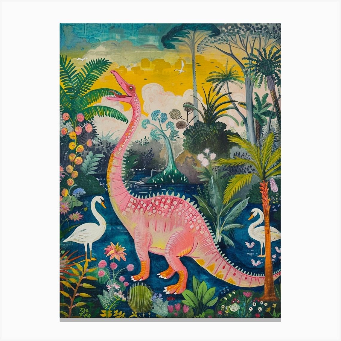 Dinosaur With Swans Painting 3 Stampe su tela
