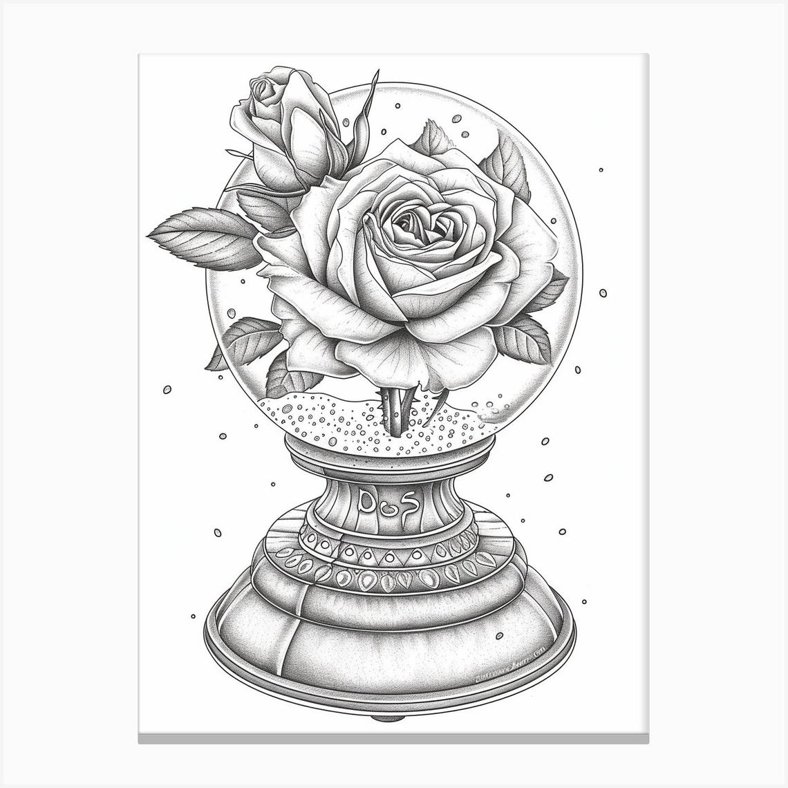 Rose In A Snow Globe Line Drawing 3 Canvas Print by Petal Pigments