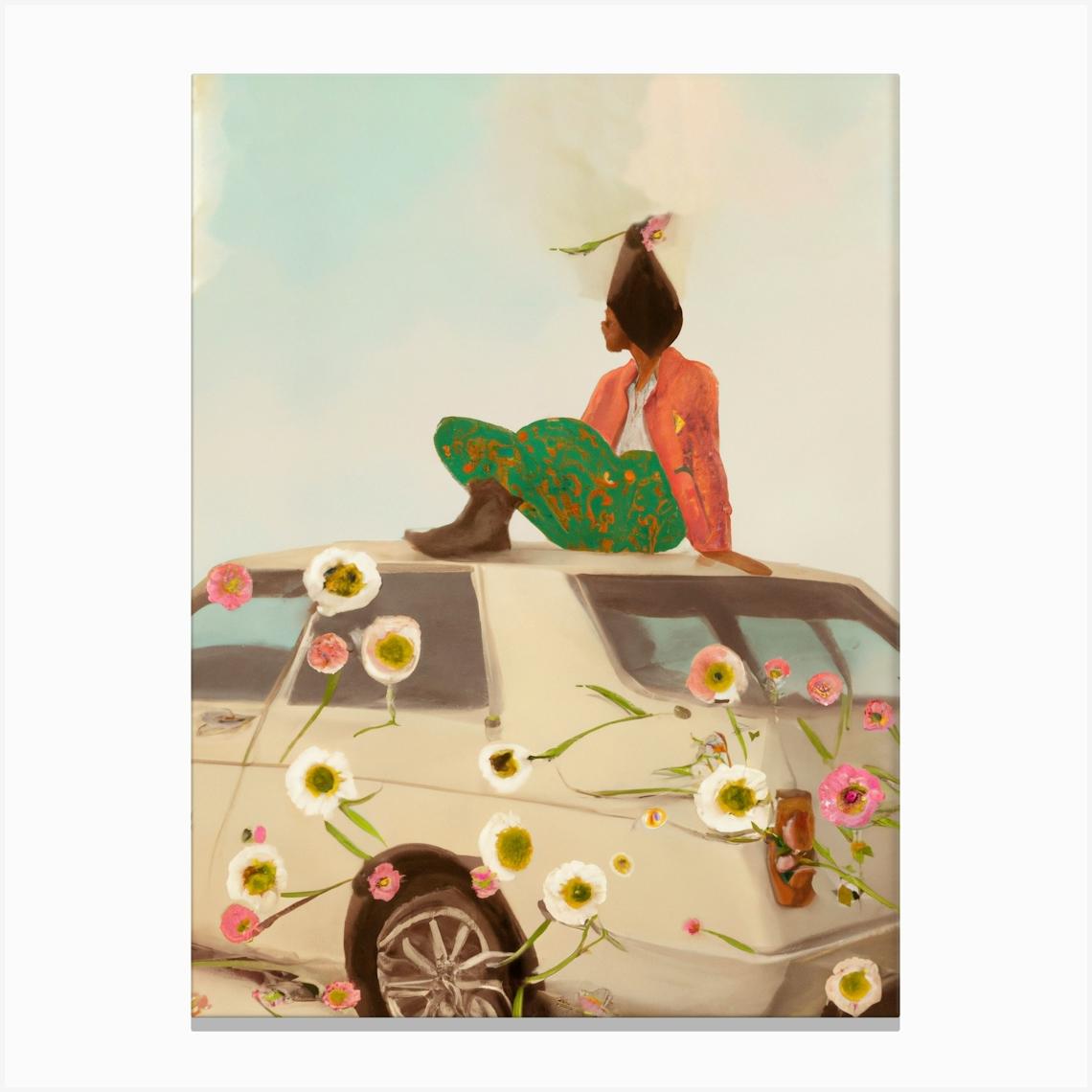 Woman Sitting On Car Roof With Flowers Stampe su tela