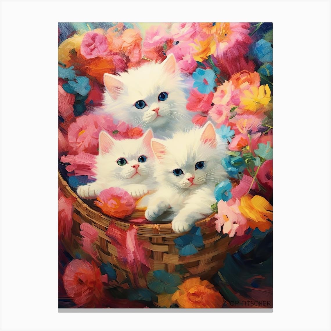 White Kittens In A Basket Kitsch 1 Canvas Print by Mambo