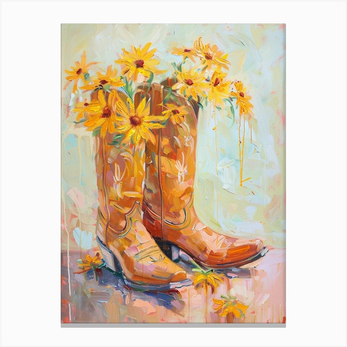 Cowboy Boots And Wildflowers Brown Eyed Susans Canvas Print by The Western Collection
