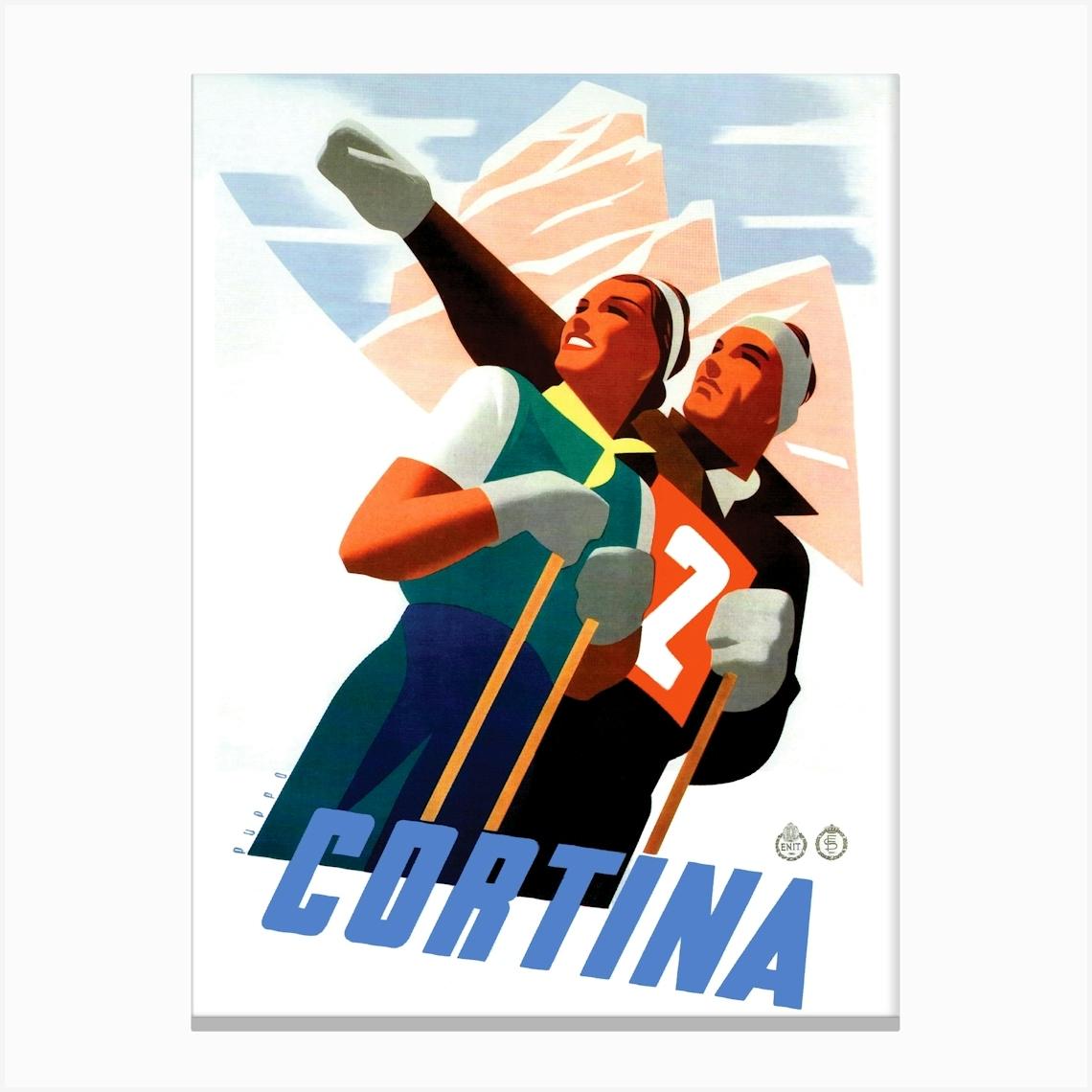 Skiers At Cortina, Italy Canvas Print by Vintage Spirit