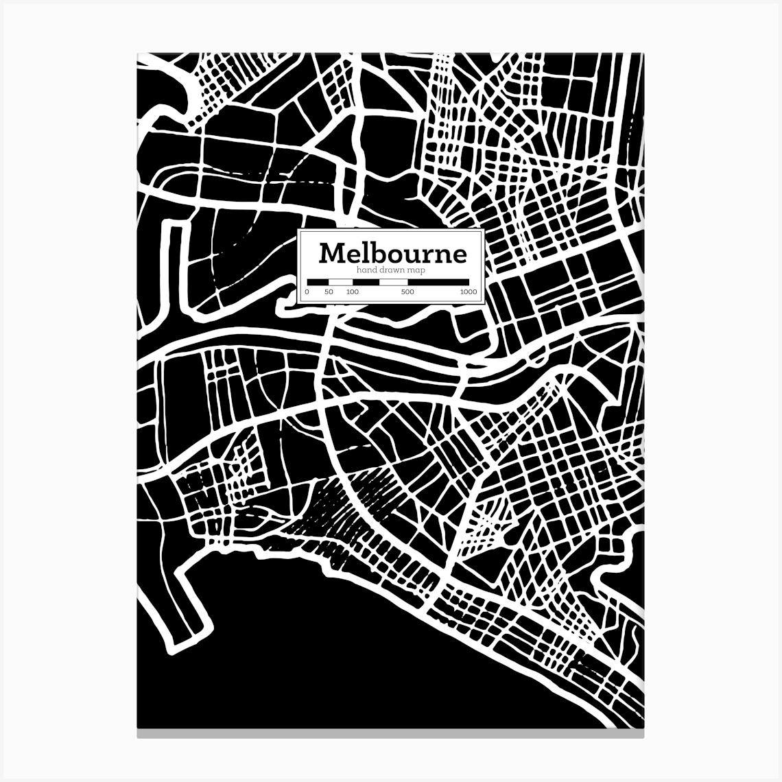 Melbourne City Map, Australia — Hand-drawn map, vector black map Canvas Print by Synthwave1950