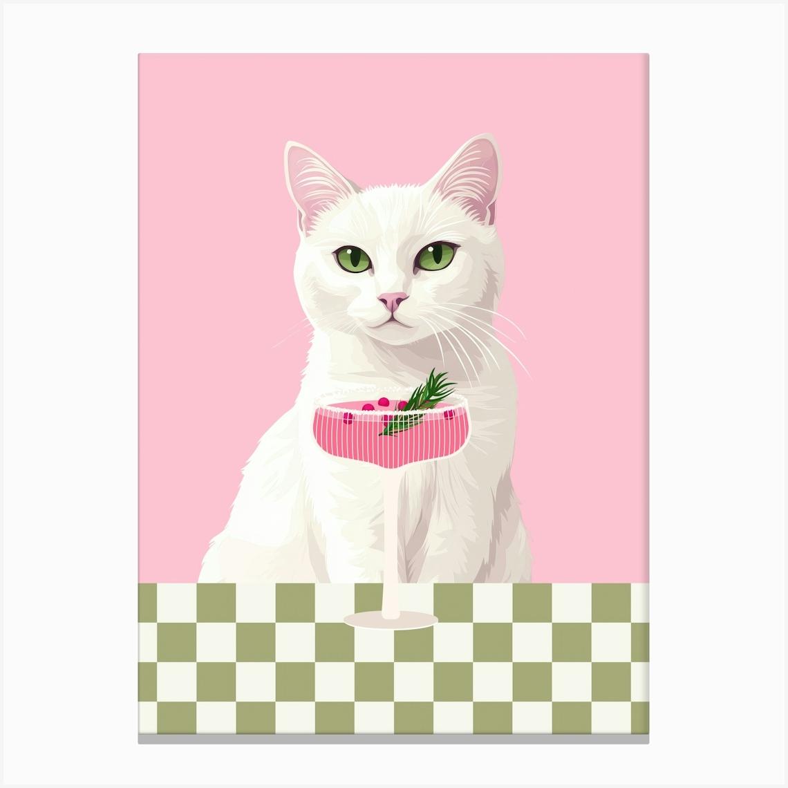 white cat with girly cocktail art in a girly aesthetic, trendy wall art in pink and green perfect for kitchens, bar carts, coffee bars and living