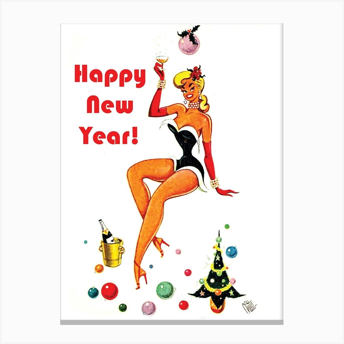 Happy New Year, Pinup Girl With A Champagne Glass Canvas Print by Vintage Spirit
