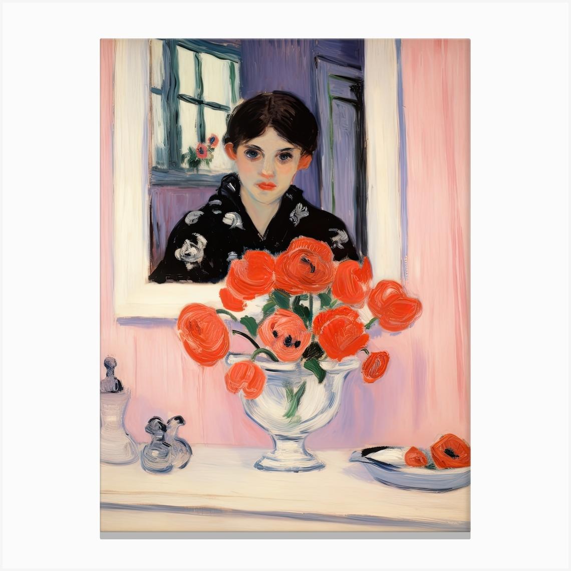 Woman In The Mirror Bathroom Vanity Painting With A Anemone Bouquet 2 Canvas Print by Flora Expressions