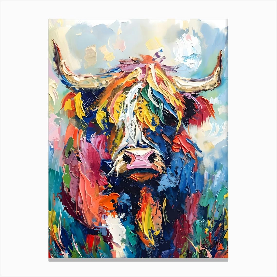 Highland Cow Abstract Colourful Art Canvas Print by Doodle and Stitch