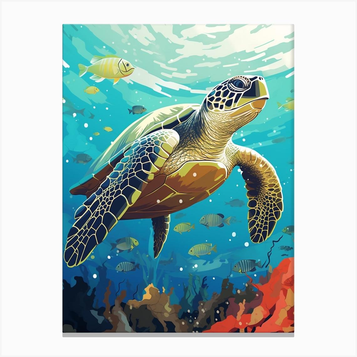 Block Colour Turtle Swimming Aqua 5 Canvas Print by Marine Masterpieces