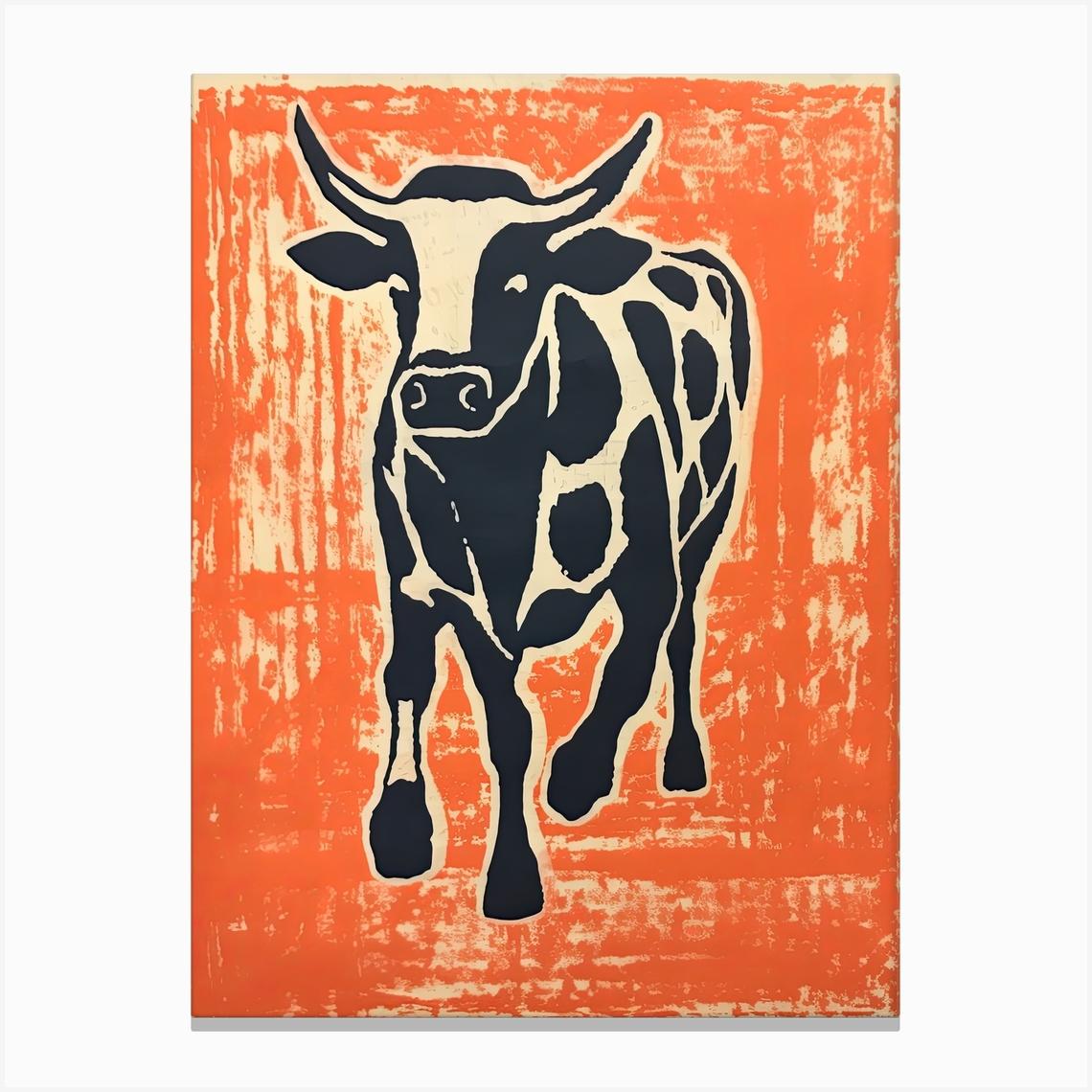 Cow, Woodblock Animal Drawing 4 Canvas Print by Sakura Animal Creations