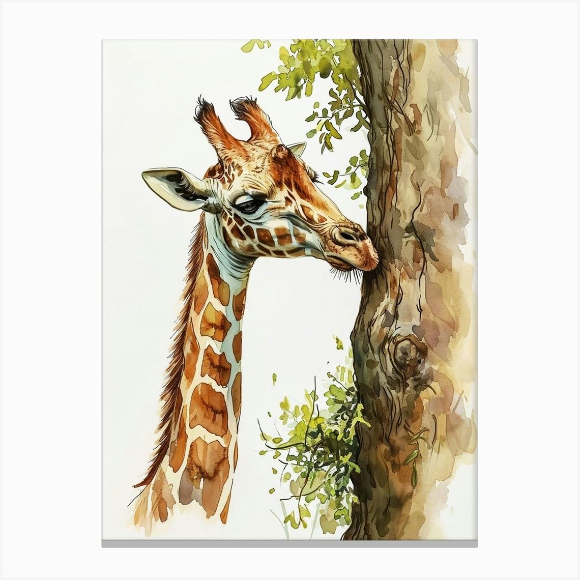 Giraffe By The Tree Watercolour 2 Canvas Print by AfricanWild Strokes