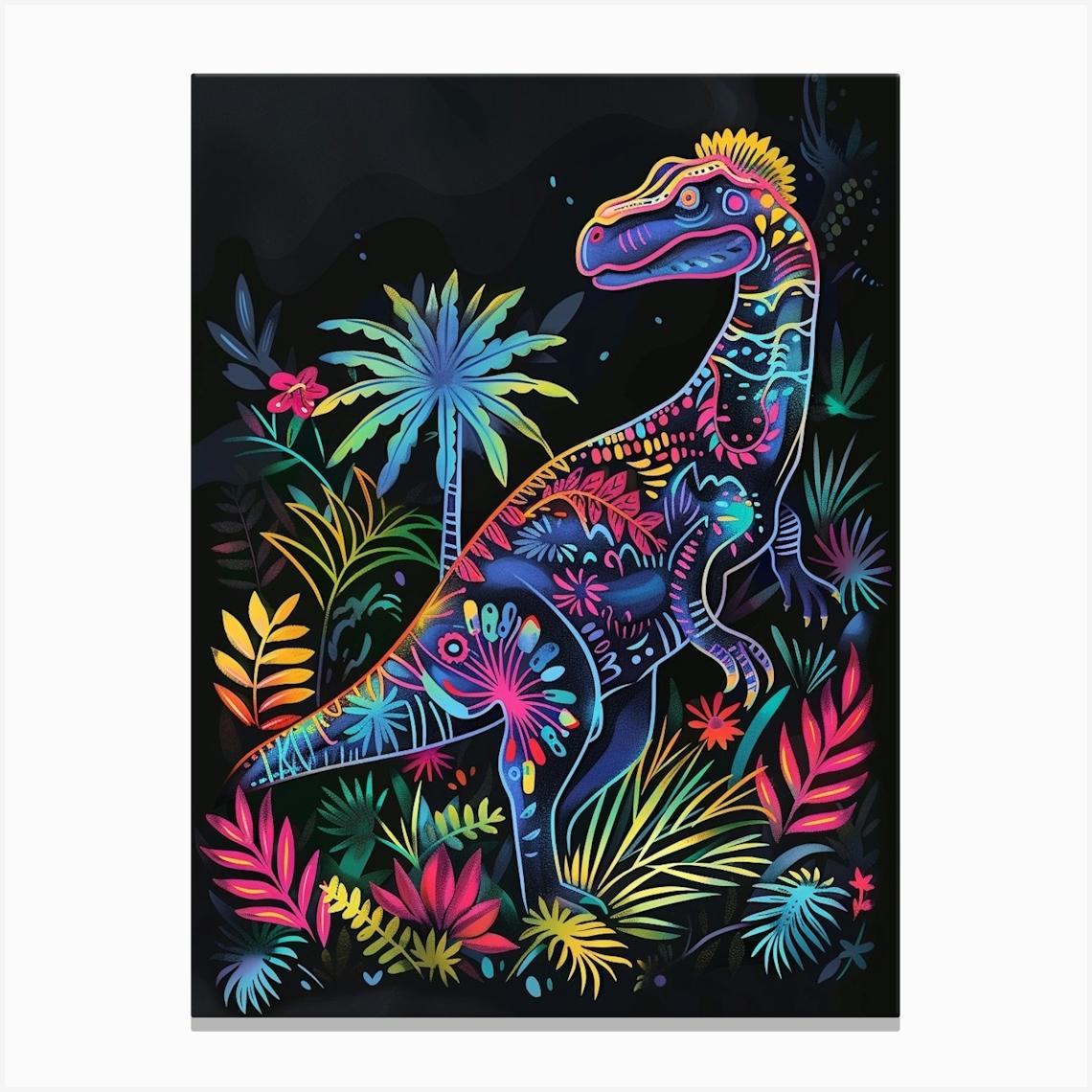 Neon Pattern Dinosaur Canvas Print by Dino Delights