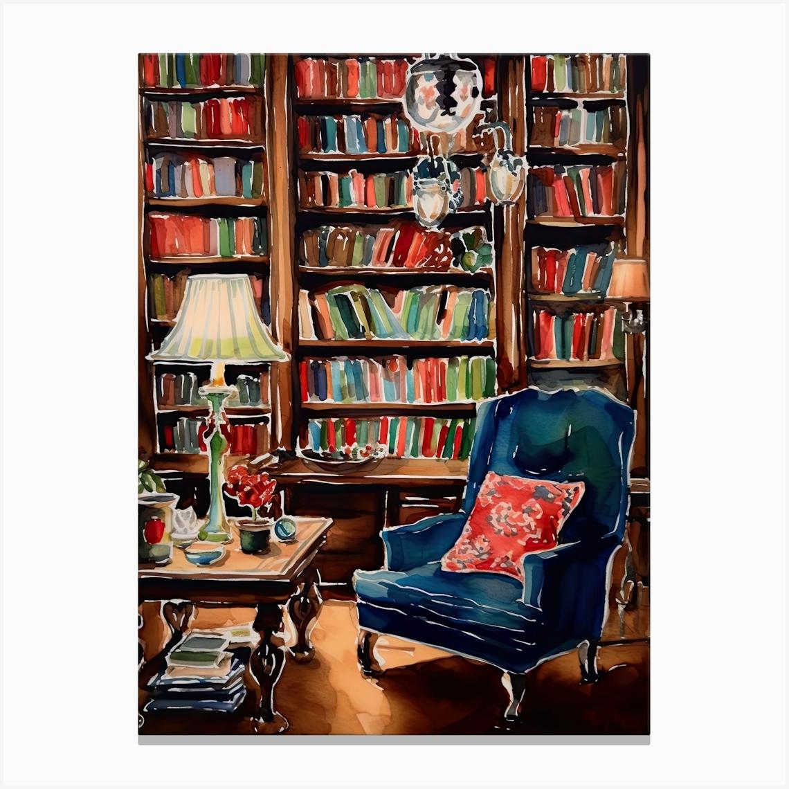 Blue Chair In A Library Canvas Print by DaarbyN